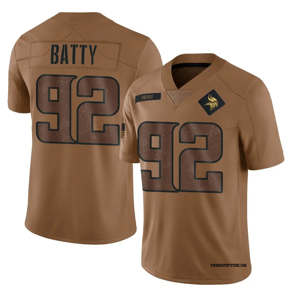 Limited Brown Youth Tyler Batty Minnesota Vikings 2023 Salute To Service Jersey